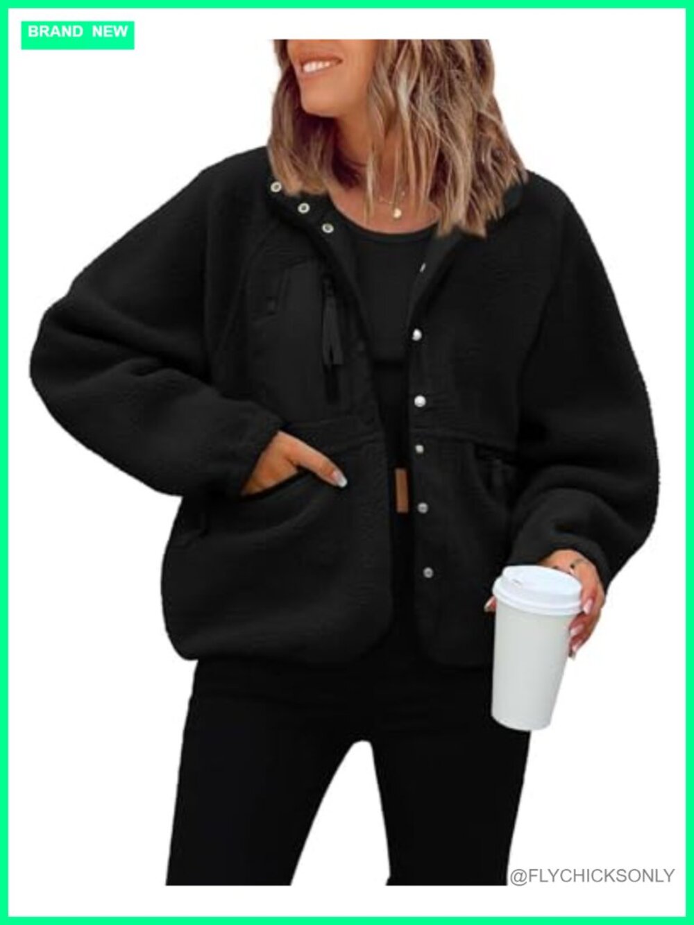 Womens Button Down Cropped Fuzzy Fleece Jacket Oversized Zip Pockets